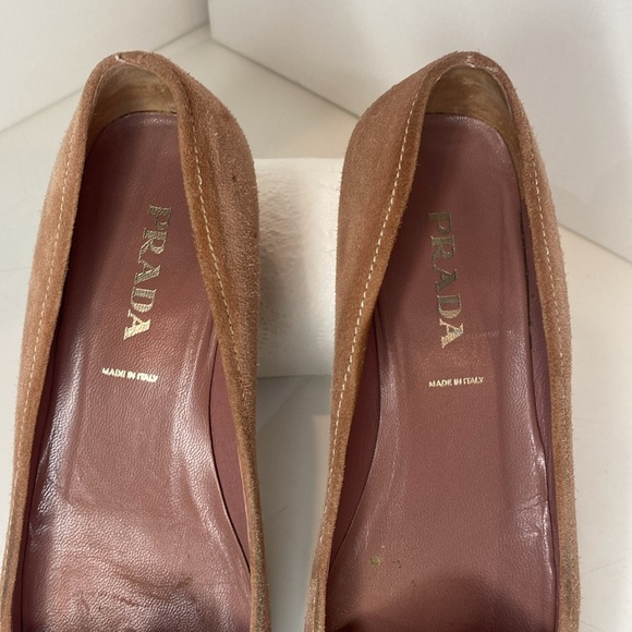 PRADA pale rose SUEDE kitten heel loafers squared toe W bow, 1.5” pumps 37 VGUC - Picture 9 of 16